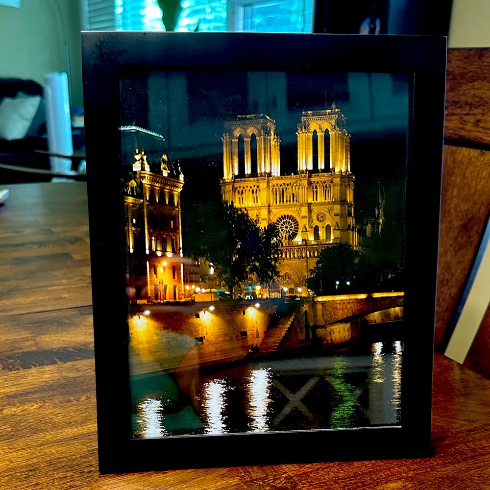 Illuminated Notre Dame Night View in Black Frame